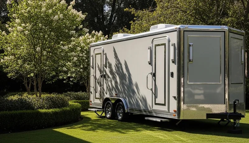 Luxury restroom trailer at outdoor wedding
